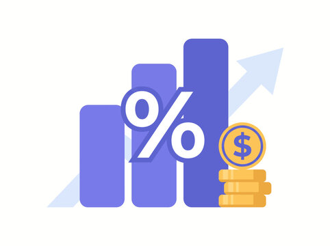 Financial growth represented by a bar chart with a percentage sign and coins