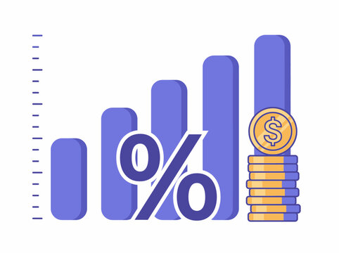 Financial graph showing percentage growth with coins stacked beside it