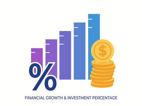 The financial growth chart shows increasing investment percentage with coins
