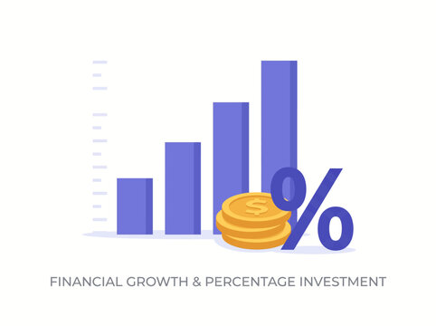 Financial growth chart shows increasing investment with percentage and coins
