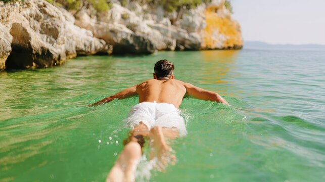 Man swimming in clear turquoise water near rocky shoreline on a sunny day
