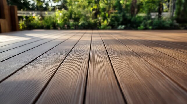 Brown composite decking material planks form terrace surface. Close-up view shows high-quality deck structure. Construction of backyard patio underway. Pro builders working on residential home