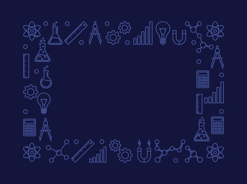 A collection of science and technology icons arranged in a square border on a dark blue background with various symbols and graphs.