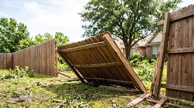 Damaged wooden privacy fence collapsed in residential backyard