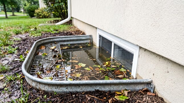 Flooded basement window well with standing water and debris
