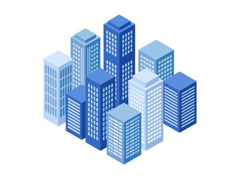 A group of blue buildings standing together in a cityscape scene outdoors