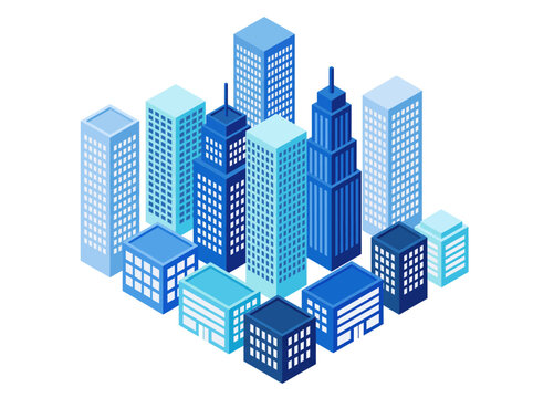 Cityscape illustration of various blue buildings standing tall in urban landscape