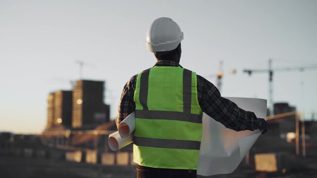 Back view of professional auditor with drawings of building in construction site . Engineer or foreman controlling works in building area, male figure with hardhat and vest for safety precautions