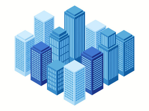 Modern cityscape with numerous blue buildings standing tall in urban environment