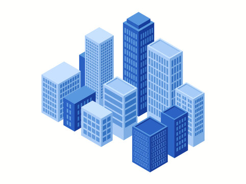 A group of blue buildings stand together in a cityscape illustration scene downtown.