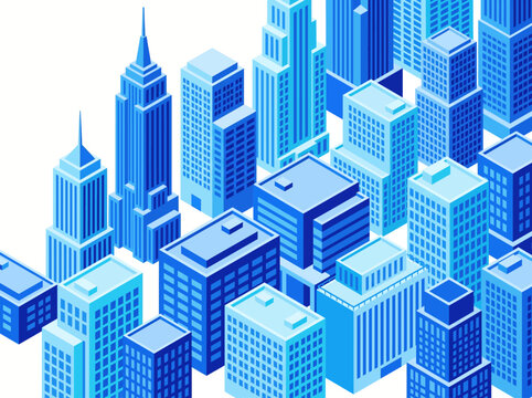 A cityscape illustration shows a daytime urban landscape with skyscrapers and buildings