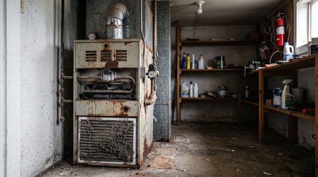 Old rusty gas furnace in a cluttered basement utility room
