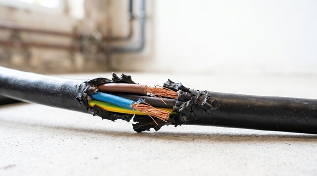 Rodent damaged electrical cable with exposed copper wires indoors