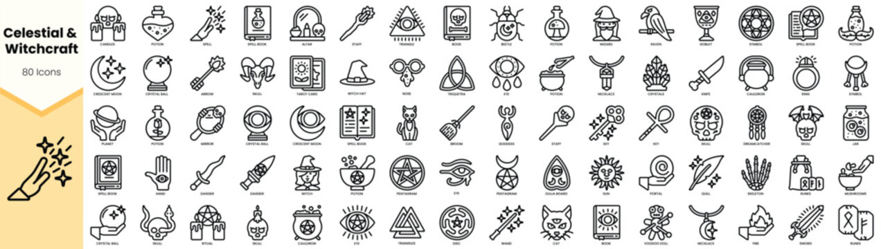 A collection of 80 unique icons representing celestial and witchcraft themes, including potions, symbols, and magical items.