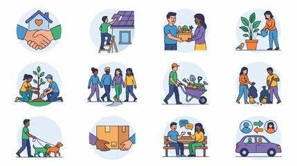 Fototapeta premium Cartoon People Character Icon Set Collection with Funny Men Women Children Workers Builders Business Team and Sports Vector Illustration Design