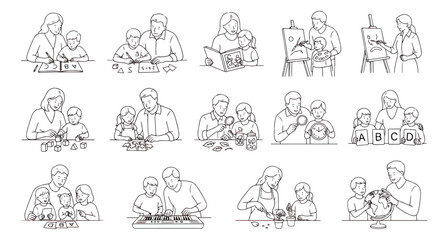 Minimalist line art collection of 14 icons showing parents and children learning together, educational family activities vector set, homeschooling illustrations © Farah-Studio