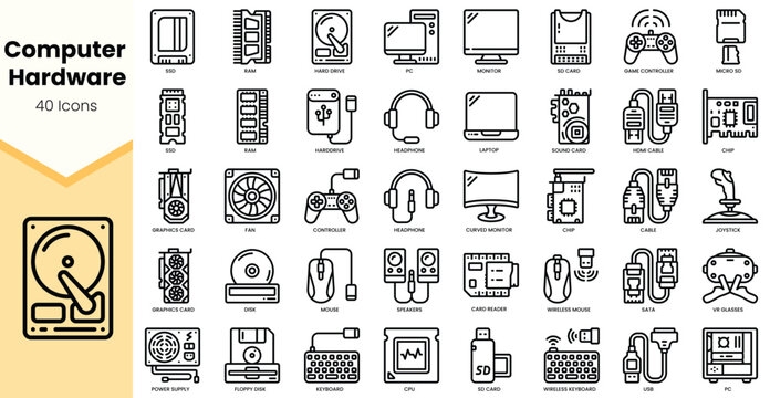 A collection of 40 computer hardware icons, showcasing various essential components in a sleek, minimalist style.