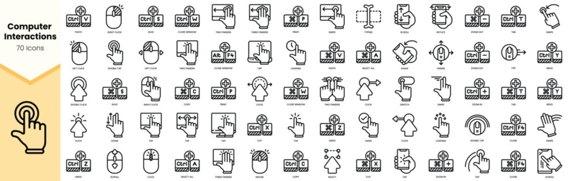Set of 70 computer interaction icons designed in a minimalist style, showcasing various hand gestures and actions.