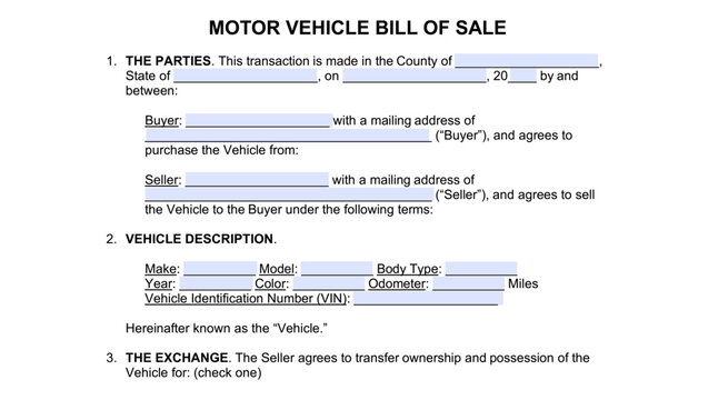 Motor Vehicle DMV Bill of Sale Form  fillable form, color vector illustration