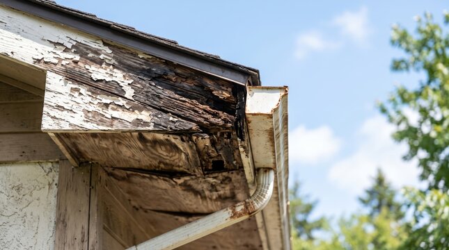 Severely rotted wood fascia and soffit on house roofline