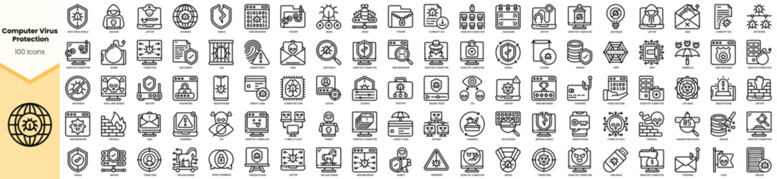 A comprehensive collection of computer virus protection icons showcasing various cybersecurity concepts.