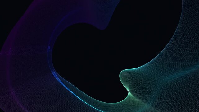 mesmerizing, continuous loop of a glowing abstract geometric structure, rotating smoothly in dark space to create a relaxing ambient motion background.