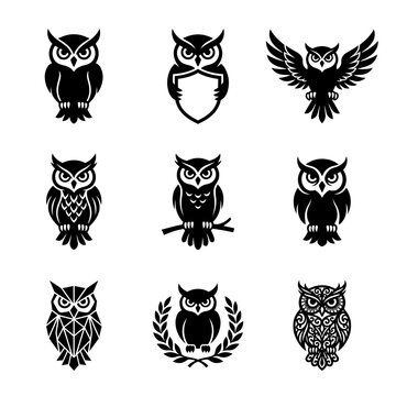 A stylized collection of owl emblems with geometric and vector designs