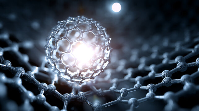 Blue glowing nanoscale molecular sphere structure, representing scientific research and materials.