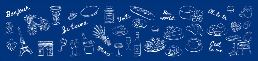 Chic Parisian doodles icons of French culture and cuisine on blue background © Viktoriia