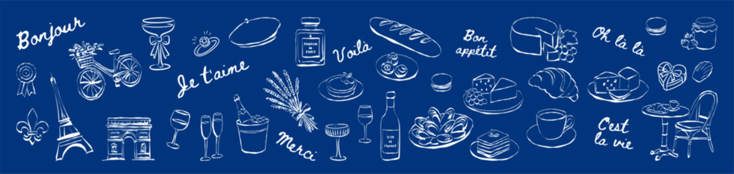 Chic Parisian doodles icons of French culture and cuisine on blue background