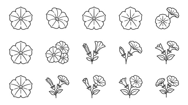 Set of Flower Icons, Petunia and Simple Floral Graphics