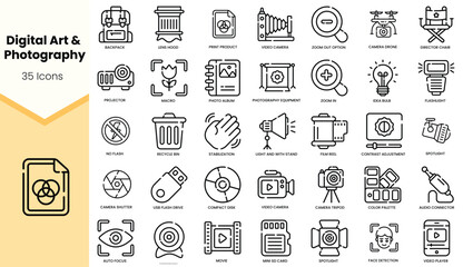 A collection of 35 minimalist icons representing digital art and photography tools, featuring various photography equipment and accessories. © TriMaker Pro