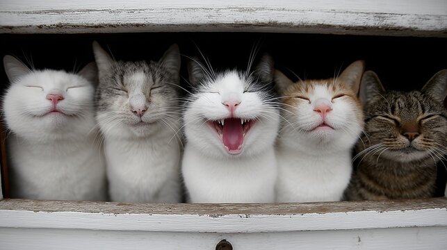 Group of five domestic cats expressing various emotions, with one cat actively laughing and showing teeth while others are happily smiling and joyful inside a wooden drawer