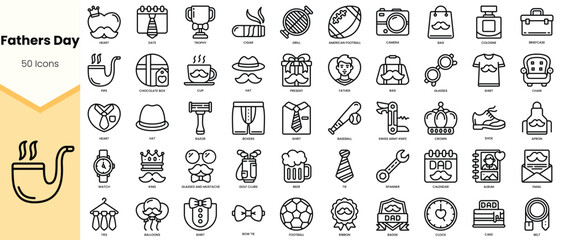 Collection of 50 line icons celebrating Father's Day, featuring various symbols representing fatherhood and family activities. © TriMaker Pro