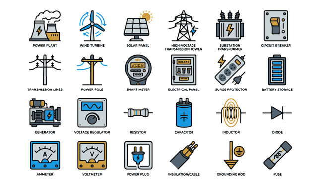 Electricity Power and Energy Generation Transmission Distribution Equipment Icon Set