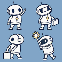 Obraz premium Set of cute white robots. Cyber characters with lightning bolts, cross sign, tick, box in hands and adjustment cogs. Artificial intelligence. Cartoon flat vector collection isolated on blue .