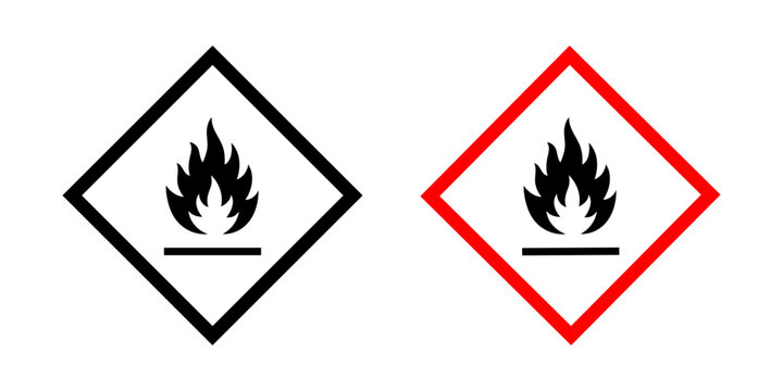 GHS flammable warning sign set with fire hazard and combustible symbol. Chemical safety labels for hazardous materials, laboratories and workplace safety