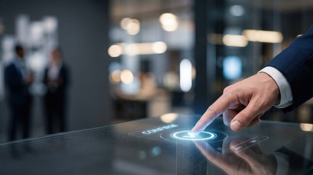 Businessman's finger presses glowing confirm button on futuristic interactive touchscreen