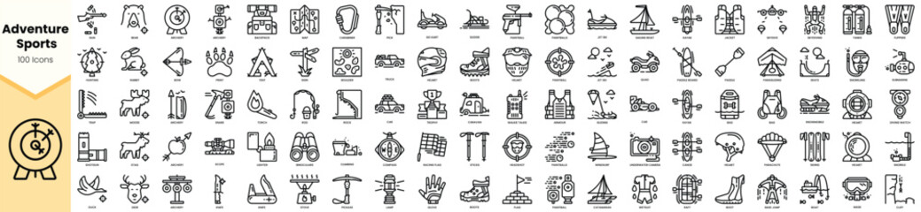 A diverse collection of adventure sports icons in a minimalist black and white design, showcasing various thrilling activities. © TriMaker Pro
