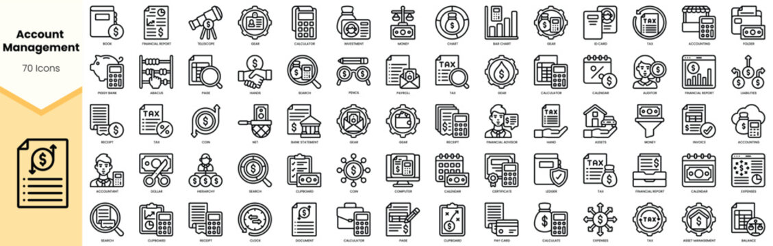 A collection of 70 line icons representing various elements of account management, ideal for finance and business projects.