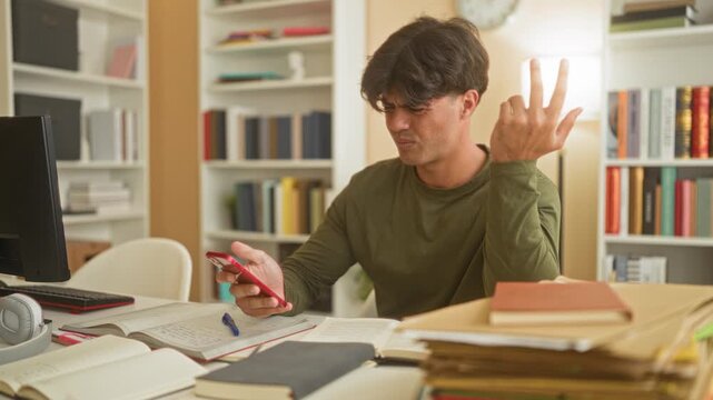 Man holding smartphone, touching chin while flipping through textbooks at a study desk in a building; frustration study fatigue.