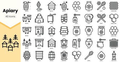 A collection of 40 stylish line icons representing various elements of an apiary, including hives, honey, and beekeeping tools. © TriMaker Pro