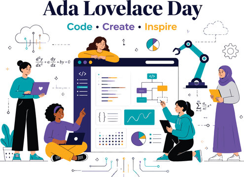 diverse women collaborating around oversized programming interface with code blocks, circuit connections, robotics arm,