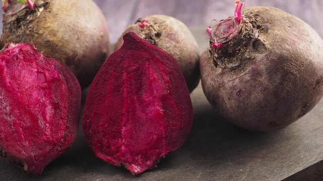 Fresh beets reveal their vibrant crimson hearts