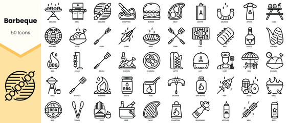 Naklejka premium A collection of 50 barbecue-themed icons showcasing various food items, equipment, and grilling tools.