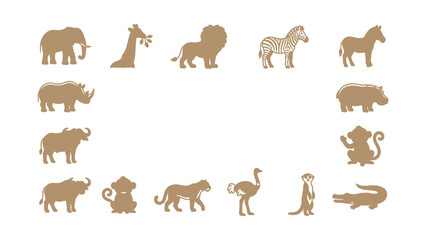 Obraz premium Safari Animals Silhouettes Collection Elephant Giraffe Lion Zebra Horse Rhino Monkey Cheetah Ostrich Meerkat Crocodile