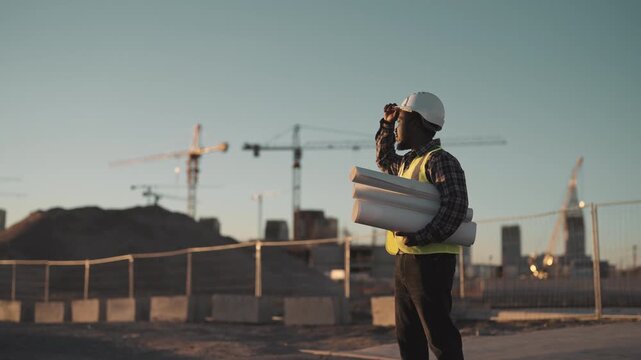 Contemporary technology and innovation in construction industry, builder in site . African american professional foreman viewing modern building area, controlling project implementation, deadlines