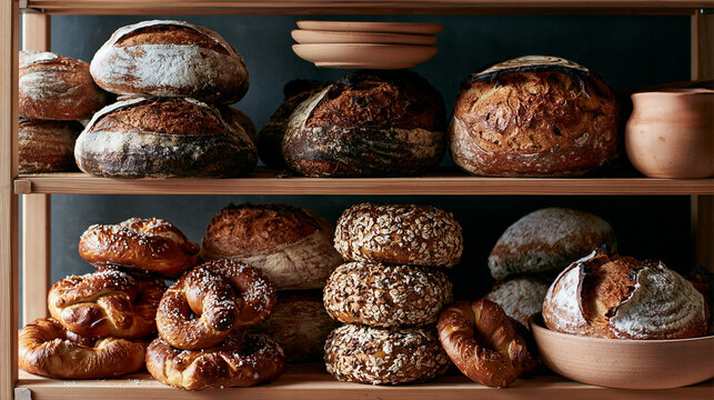 Wooden shelf with three shelves filled with different types of bread.