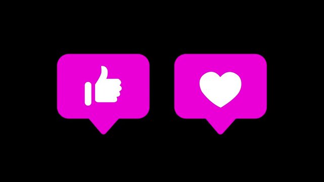 social media animated pop out love and like icon balcck background 4k viddeo