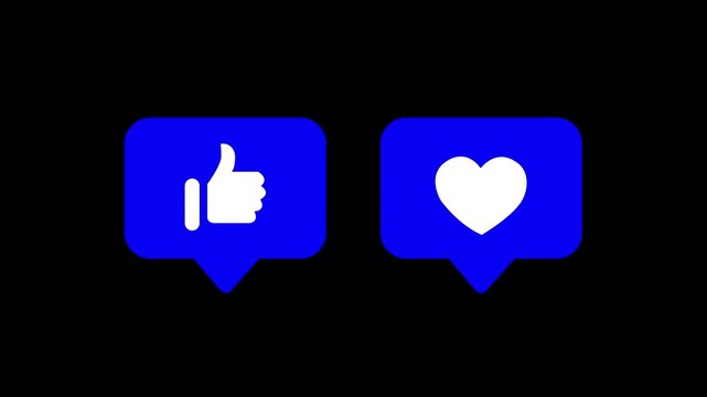 social media animated pop out love and like icon balcck background 4k viddeo